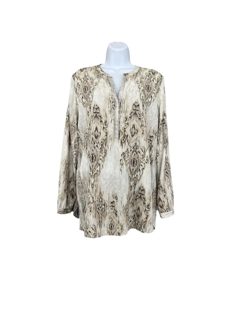 Chicos Beige Print Sequin V Neck Metallic Long Sleeve Blouse